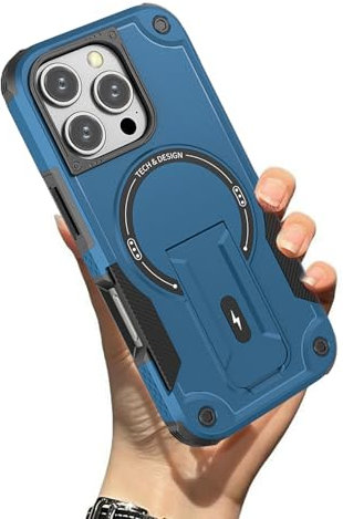 Wryhaul Outdoor Sports Long Strap Crossbody Magnetic Bracket Case for iPhone, Drop-Proof Dual Layer Armor Case, Magnetic Phone Case 13/14/15/16, Hidden Stand Mobile Phone Case (Blue,14Pro-max)
