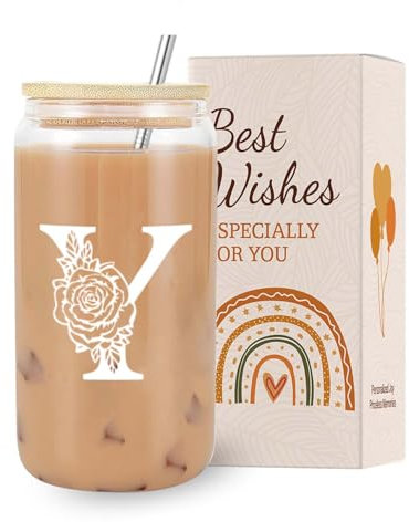 VivaJoy Tazza di vetro con iniziale – Regali monogrammati per donne, tazze di vetro con coperchio cannucce, caffè freddo, frullato di birra, bicchiere personalizzato per Natale, regalo di compleanno