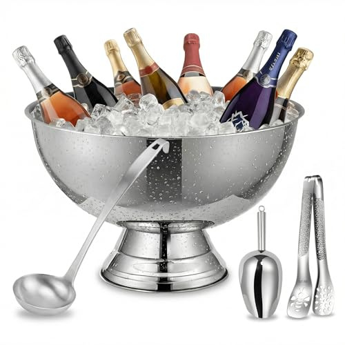 Explicraft Ice Bucket for Parties and Punch Bowl Set, 15.7 Inch Large Stainless Steel Champagne Chiller with Ladle Scoop and Tongs, Pedestal Beverage Tub for Wedding Mimosa Bar(Silver)