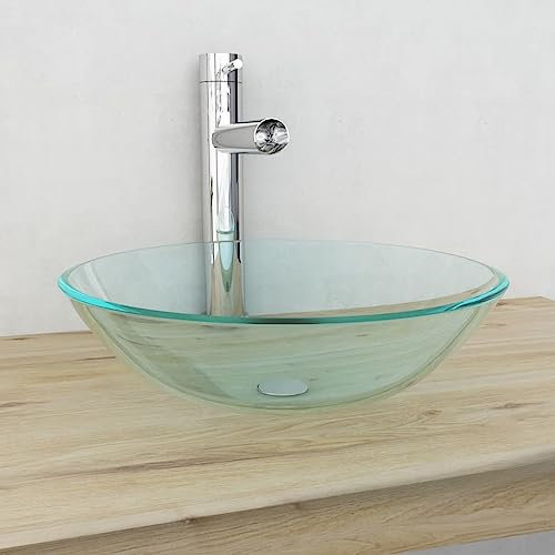 Homvdxl Aufsatz-Badezimmergefäß Glasspüle, 42 cm, rundes Waschbecken aus gehärtetem Glas, mit Abfluss-Abtropfgestell für Badezimmer, Garderobe, Waschtisch, WC, Silber