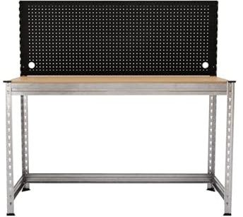 Master Regale Werkbank mit Stecktafel 150x150x60 cm – Traglast 300 kg – verzinkter Stahlrahmen – DTD-Arbeitsplatte 18 mm – werkzeuglose Montage – mit Lochwand – für Werkstatt & Garage