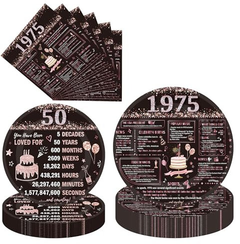 50th Birthday Decorations Men Women - 96 Pcs Black Rose Gold 50th Birthday Decoration Including in 1975 Paper Plates Napkins Supplies Dinnerware Serve 24 Guests