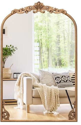 COSTWAY Decorative Wall Mirror, Vintage Ornate Baroque Arched Mirror with Hanging Hooks, Metal Frame Accent Wall Mounted Vanity Mirrors for Hallway, Living Room and Bedroom (Antique Gold, 76 x 51cm)