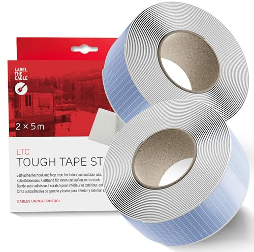 LABEL THE CABLE Tough Tape Strap Klettband extra stark, 5m x 50mm, Weiß | Klettverschluss-Rolle, permanent, wasserfest, Outdoor, -40°C bis 100°C, zuschneidbar, Befestigung