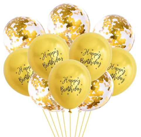 Gleemix 10 Stück Happy Birthday Ballon Gold Metallic mit Konfetti, 12 Zoll Luftballons Geburtstag, Helium Ballons Geburtstag, Luftballons Metallic Deko Party Kindergeburtstag