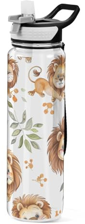 Amooorous Bottiglia sportiva in plastica con cannuccia progettata con leone arancione per viaggi, patio, ufficio, casa