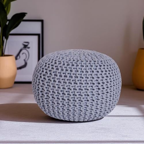 CASVO Handmade Large Knitted Pouffe Ottoman 100% Cotton Chunky Couffes for Living Room Versatile for Foot Rest Extra Seating & Home Decor 50cm Foot Stool (Charcoal)
