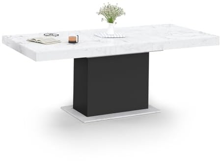 IDMarket - Ausziehbarer rechteckiger Esstisch Eden 6-10 Personen Platte mit Marmoreffekt weiß Alaska und schwarz 160-200 cm