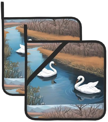 YYHWHJDE White Swan Swimming Pattern Square Insulated Pot Mat 2-piece Set for Heat Insulation During Lid Removal, Microwave, Oven, and Outdoor Grilling Use