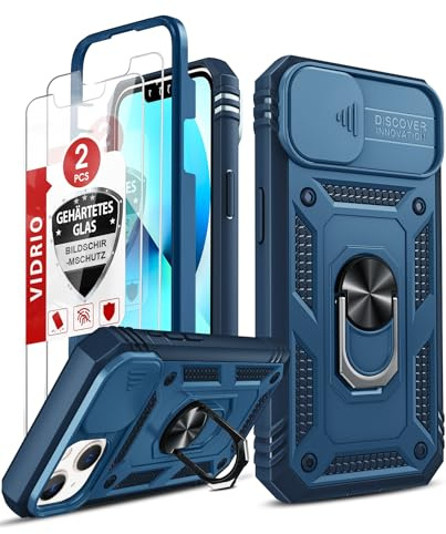 LeYi for iPhone 14 6.1'' Phone Case with Camera Cover Slider,DarkBlue | 2 Tempered Glass Screen Protector, Ring StHolder, 360 Full Body Tough Armour Cover Hard Heavy Duty Case for i Phone 14