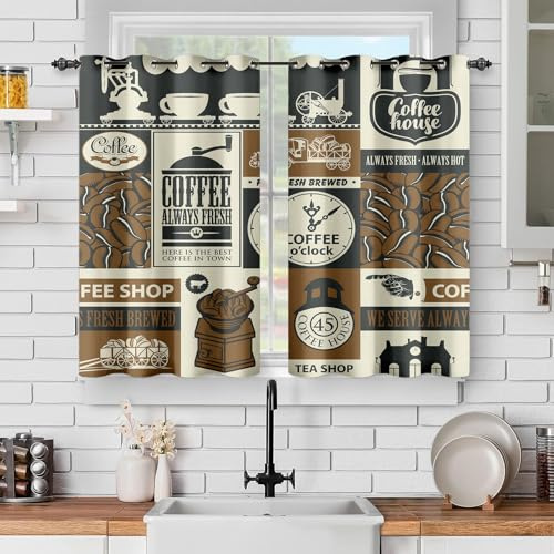 VELOMEA Coffee Vorhänge Retro Café Patchwork Bohnen Tassen Poster Grafik Braun Beige Schwarz Küche Fensterdeko für Wohnzimmer Schlafzimmer 2er Set 107x114 cm