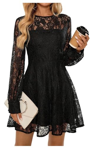 GORGLITTER Women's Floral Lace Sheer Long Sleeve Dresses Crewneck A Line Flared Swing Elegant Mini Dresses Black Large