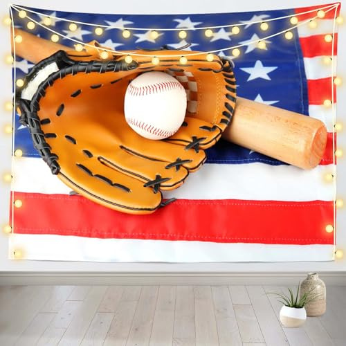 Posterdecke Baseballs Mit Amerikanischer Flagge, Baseballhandschuh, Schläger Und Ball, Us-Baseballsport Ästhetik Tapisserie Wandkunst Für Zuhause Hintergrund M