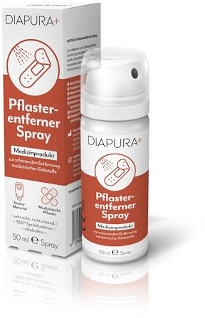 DIAPURA Pflasterentferner Spray, Pflasterlöser für die Haut, 50 ml | alkoholfrei, zur schmerzfreien Ablösung von Pflastern, Stoma, Sensoren, sehr gut hautverträglich, Über-Kopf-Sprühfunktion