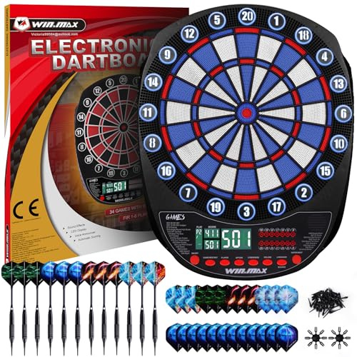 WIN.MAX Elektronische Dartscheibe Profi Set 34 Games mit 354 Varianten | Wenige Abpraller,354 Spielvarianten,3 helle LED-Displays,Batterie- oder Netzteilbetrieb,8 Spieler, automatische Punktezählung