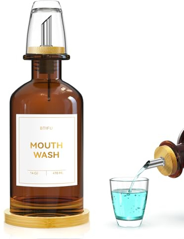 BTIFU Amber Glass Mouthwash Dispenser for Bathroom - 14oz/410ml | Refillable Mouthwash Container With Bamboo Tray and 2 Glass Cups, Waterproof Labels, Bath Sink Decor for Home, Office
