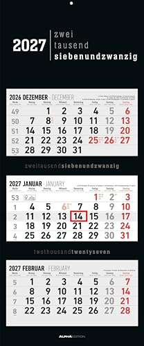 3-Monatskalender Black 2027: Wandkalender 33x80 cm mit 3 Monaten im Überblick, Datumsschieber, Jahresübersicht, Schulferien, faltbar, für Büro & Homeoffice