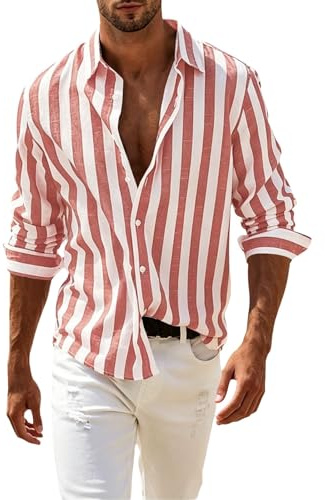 Chemise rayée en coton et lin pour homme, style décontracté, à manches courtes, à manches courtes, léger, rayé, bloc de couleurs, haut de plage d'été