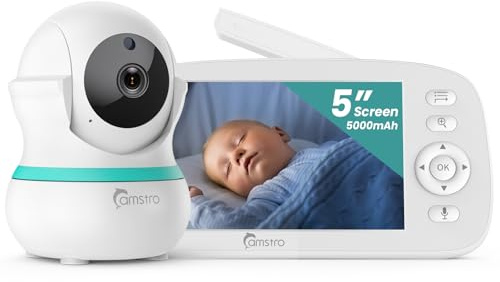 CAMSTRO - Babyphone cámara de 5 Pulgadas, 360°, Zoom 4X, visión Nocturna, Audio bidireccional, 5000 mAh, batería de recordatorio de alimentación, cunas, detección de llanto VOX sin WiFi, detección de