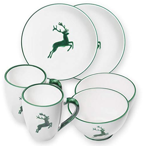 GMUNDNER KERAMIK Hüttenfrühstück Cup für 2 Geschirrset 6-teilig Grüner Hirsch Geschirr, handgemacht in Österreich