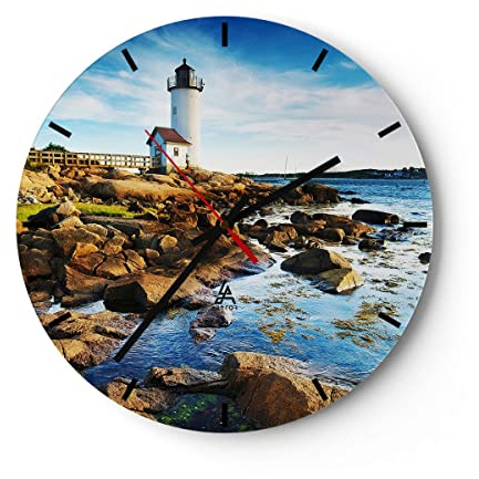 Modern Wanduhr Leuchtturm Ufer Wolke Landschaft 40x40cm Rund Groß Wand Uhr Glas Analog Zimmeruhren Küche Büro Wohnzimmer Glasuhr Wall Clock Dekoration Design Wanddekoration Küchenuhr C3AR40x40-2973