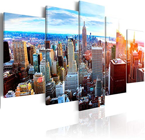 decomonkey Bilder New York 200x100 cm 5 Teilig Leinwandbilder Bild auf Leinwand Wandbild Kunstdruck Wanddeko Wand Wohnzimmer Wanddekoration Deko Panorama Skyline Stadt