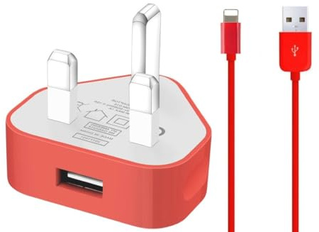 TheMax® Universal Charger 1000mAh UK Plug + USB 2.0 Charging Cable 1m Compatible for 4 4S 3G 3GS 1/2/3 5 classic nano 1/2/3/4/5/6 Touch 1/2/3 (1 Meter, Red 2 in1)
