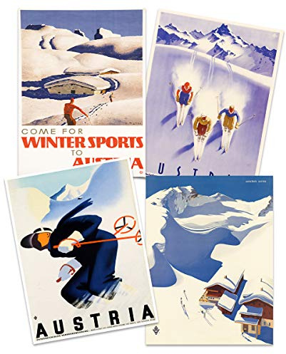 Wee Blue Coo Austria Skiing Travel Winter Sport Snow Alps Unframed Wall Art Print Poster Home Decor Premium Pack of 4 Österreich Skifahren Reise Schnee Alpen Wand Zuhause Deko