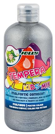 JOLLY Tempera Kids Mix Malfarbe, Flüssigfarbe, 0,5L Flasche Silber, lecuhtende und deckende Farben, unverdünnt oder mit Wasser vermalbar, auf allen Materialien anwendbar