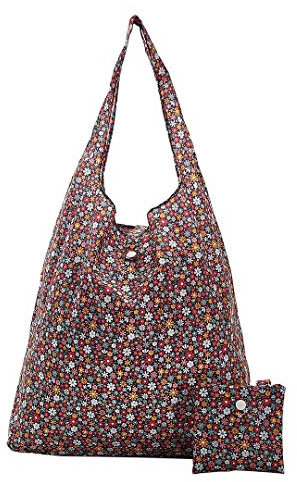 ECO CHIC Sac de courses réutilisable Cabas pliable Tote bag résistant à l'eau (Petites fleurs Noir)