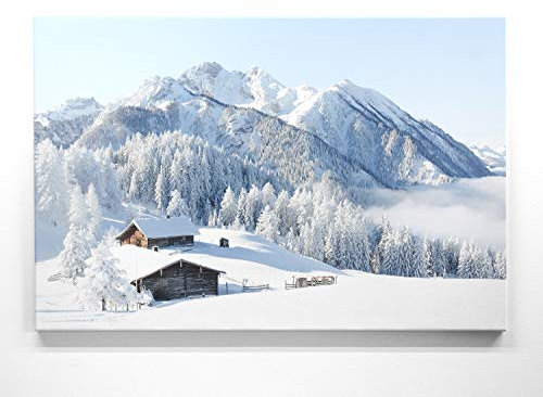 Atemberaubende Winterlandschaft auf Leinwand, Almhütte - als 120x60cm großes XXL Leinwandbild. Wandbild als Hintergrund und Deko für Wohnzimmer & Schlafzimmer. Aufgespannt auf Holzrahmen