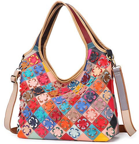 Damen Handtasche Leder Hohlnähte Schultertasche Tragetasche Tragetasche, Mehrfarbige Blumen, Einheitsgröße
