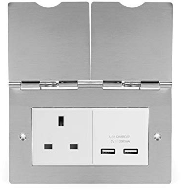 Soho Lighting Brushed Chrome Screwless Double Floor Outlet 13Amp Plug Socket & USB Charger - White Insert - Ideal for homes, offices, hotels