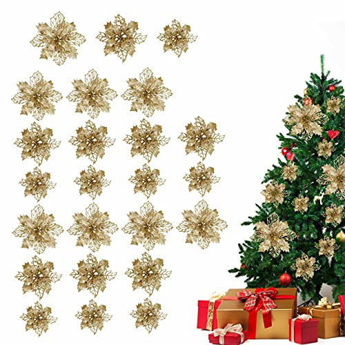 BELLE VOUS 24pz Fustella Poinsettia Natale - Fiori per Albero di Natale Oro Glitterati - 3 Misure - Addobbi Albero di Natale Fiori Seta per Decorazioni Albero di Natale, Ghirlande ed Arte