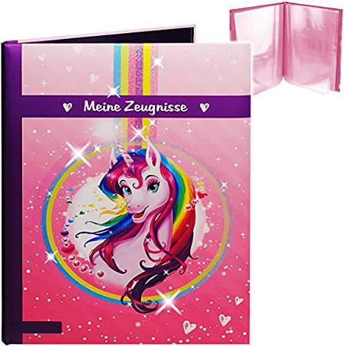 3D Glitzer - Zeugnismappe/Dokumentenmappe Motivwahl Einhorn - Pferd Meine Zeugnisse gebunden - Buch mit festen Seiten - A4 - A 4 - Zeugnisbuch - Sof..