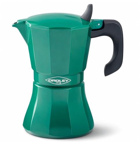 Oroley - Cafetera Italiana Petra de 6 Tazas | Base de Acero Inoxidable | Apta para Inducción, Vitrocerámica, Fuego y Gas | Color Verde | Estilo Tradicional