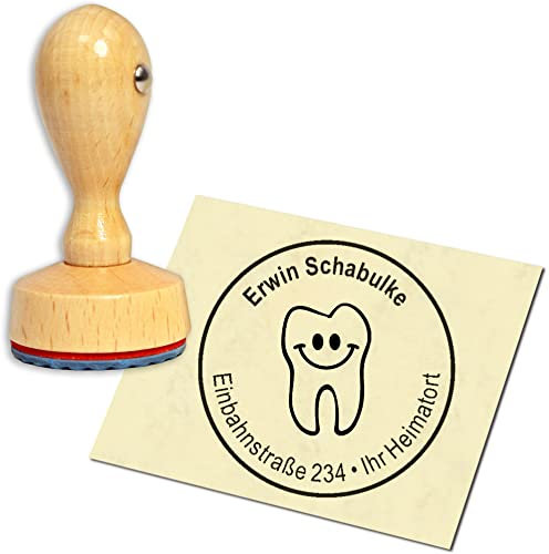 Stempel Adressstempel Holzstempel - lachender Zahn - rund ∅ 40mm personalisiert als Firmenstempel Namensstempel Bürostempel
