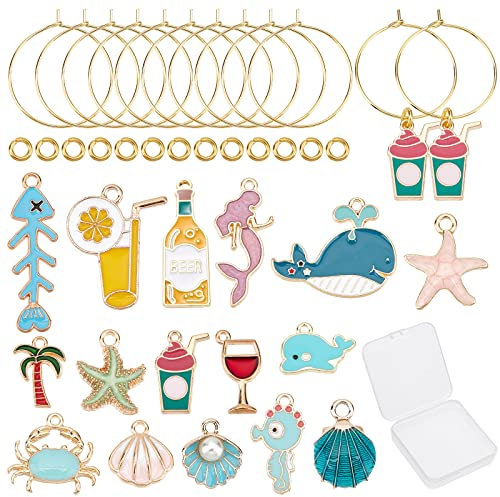 SUNNYCLUE 1 Box 16 Sets Ocean Beach Theme Wine Glass Charms Identifiers Markers Tags Summer Pendants & 16Pcs Ring Charm & 30Pcs Jump Ring for DIY Jewellery Making Party Favors Decorations