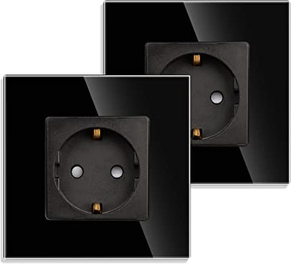 JIMEIDA Paquete de 2 tomas de corriente individuales en negro, tomas Schuko de cristal de 16 amperios, montaje empotrado, contacto de toma de tierra, clavija de pared de 86 mm, 250 V, 1 compartimento