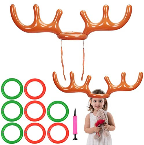 Aufblasbares Rentiergeweih-Spiel, Weihnachten Aufblasbares Ringwurfspiel, Rentier Geweih Ring Wurf Spiel, 2 Stück Aufblasbares Geweih mit 8 Ringe und 1 Luftpumpe, Weihnachten Kinder Ringwurfspiel