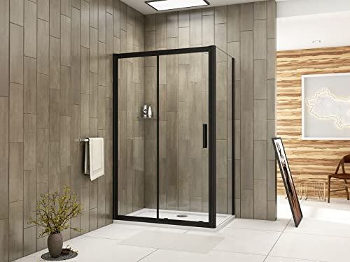 Biubiubath 1200mm Black Frame Sliding Shower Enclosure Door Cubicle 800mm SidePanel Nano Glass and 1200x800 mmTray
