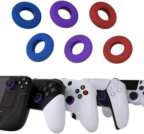 PlayVital 3 Paare Premium Stoßdämpfer Ring für Thumbstick,Zubehör Zielhilfe für ps5/für ps4/für Xbox Series X/S/für Xbox One/Xbox 360/für Switch Pro Controller/für Steam Deck(Rot Lila Blau)