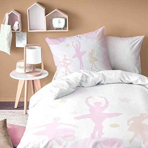 MATT & ROSE Parure de Lit Enfant 140x200 cm Opera Imprimées Réversibles | 100% Coton | Oeko-TEX | Housse de Couette Fille 140x200 cm + 1 Taie d'oreiller 63x63 cm | Blanc, Rose