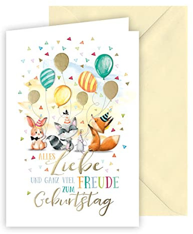 KE - Edle und Tierische Glückwunschkarte zum Geburtstag für Kinder - Karte zum Kindergeburtstag - Prägung - inkl. beigen Umschlag - Motiv: Tiere mit Luftballons