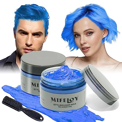 2 piezas de color de cabello temporal con 1 cepillo, hombres mujeres estilo tono de cabello cera, instantánea crema de cabello lodo natural pomada de peinado, cosplay Halloween (azul)