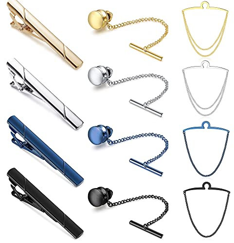 Kakonia Cravate Clips pour Hommes Cravate Bar Noir Bleu Or Argent Cravate Pin Cravate avec Chaîne Set pour Les Cravates Régulières Saint Valentin, Cadeau de la Fête des Pères