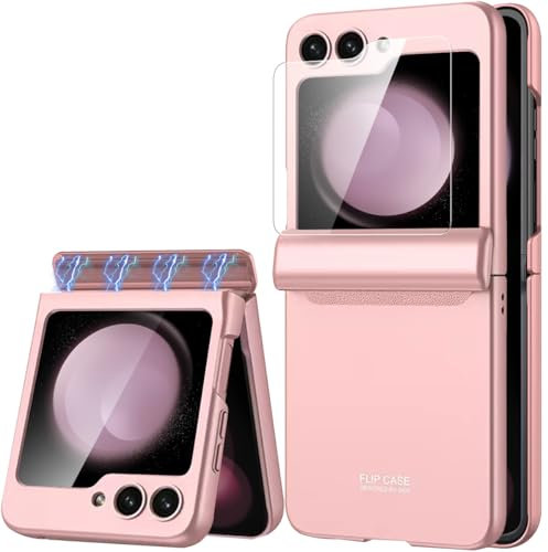 Miimall Custodia Compatibile con Samsung Galaxy Z Flip 5, Cerniera Magnetica, Pellicola Protettiva HD, Cover Antiurto PC, Case Antiscivolo Protettiva Sottile per Samsung Galaxy Z Flip 5, Rosa