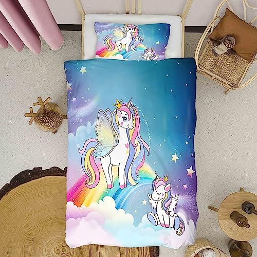 HOTRCR 3D Gedruckt Einhorn Bettwäsche, Bunte Bettwäsche Set Geeignet für Kinder/Mädchen/Erwachsene bettwäsche 100 * 132cm,80 * 80cm*1 EFBTTAI033