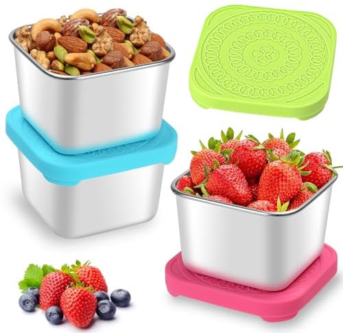 3Pcs Small Food Containers To Go Leakproof Food Storage Containers Stackable Snack boxes Tubs Reusable Metal Stainless Steel Storage Containers with Silicone Lids for kids,School,Travel|BPA-Free(6Oz)
