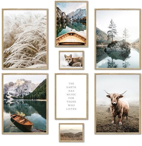 ARTFAVES® Poster Set - BEAUTIFUL EARTH - mehrteilige Wanddeko Wohnzimmer & Schlafzimmer - 8 moderne Wandbilder natur, Berge, See, Landschaft, Dolomiten, Boot, boho, Pampasgras - mit Rahmen Eiche